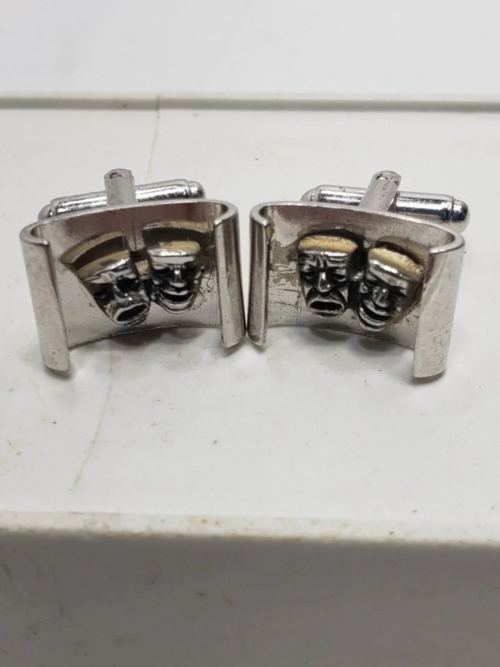 Vintage Comedy Tragedy Theater Mask Cufflinks Silver Tone Mens Formal Set